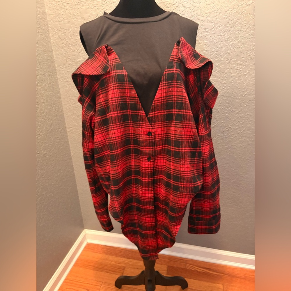 Vibrant Plaid Cold-Shoulder Button-Up Shirt
